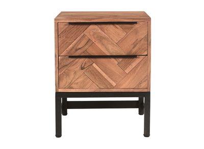 Nachttisch mit Fischgrätenmuster aus massiver Akazie und schwarzem Metall STICK