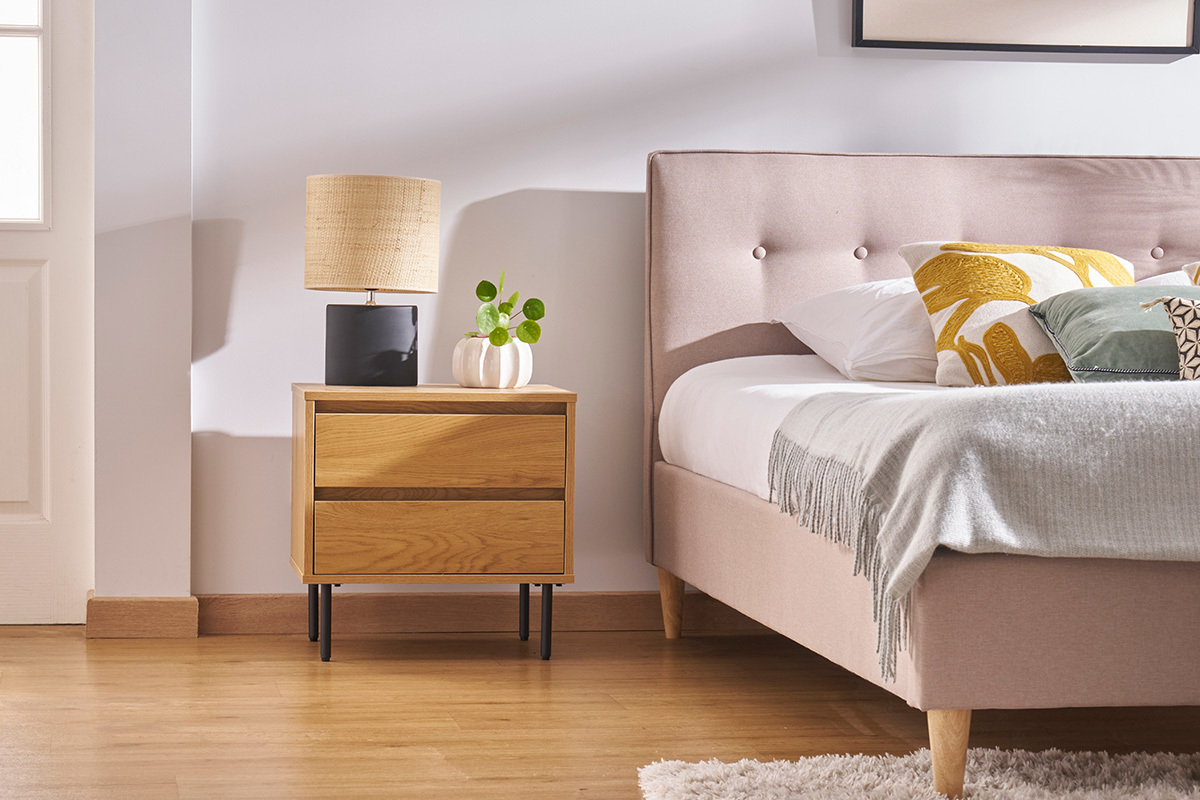 Nachttisch mit hellem Holzfinish in Eiche 2 Schubladen ARAGON