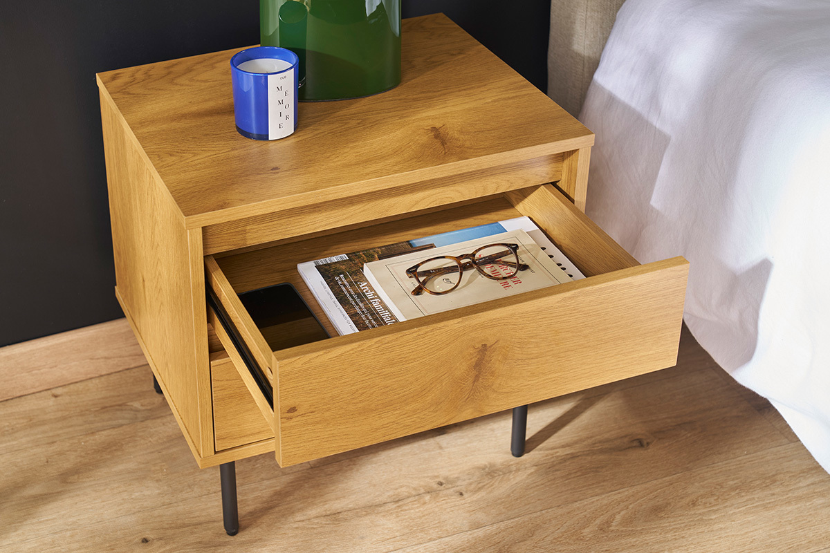 Nachttisch mit hellem Holzfinish in Eiche 2 Schubladen ARAGON