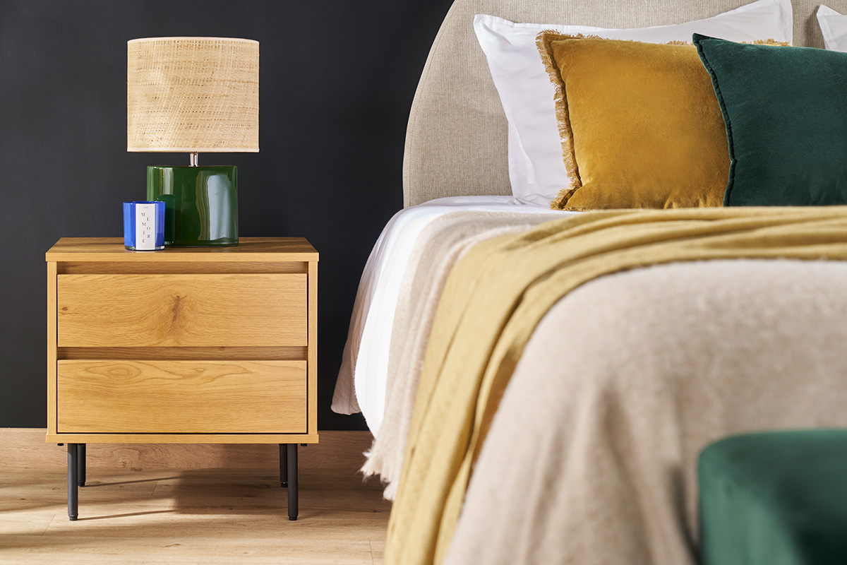 Nachttisch mit hellem Holzfinish in Eiche 2 Schubladen ARAGON