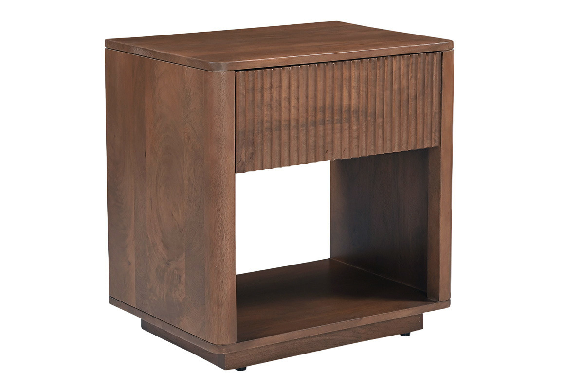 Nachttisch ALDA aus dunklem Massiv-Mango-Holz, Dreiviertelansicht mit Schublade.