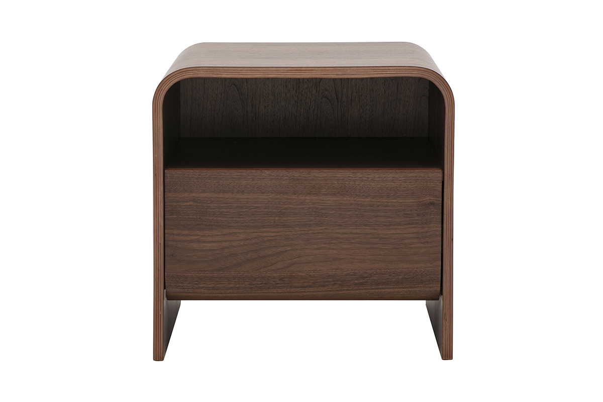 Nachttisch aus dunklem Walnussholz mit Schublade, Vorderansicht, klares Design und sanfte Kurven.