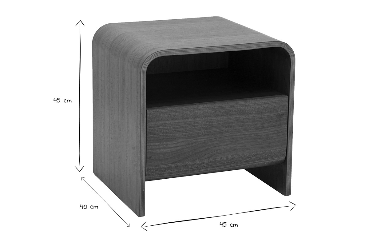 Nachttisch KYLIA in Schwarz und Wei� mit den Ma�en L45 x T40 x H45 cm, Dreiviertelansicht.