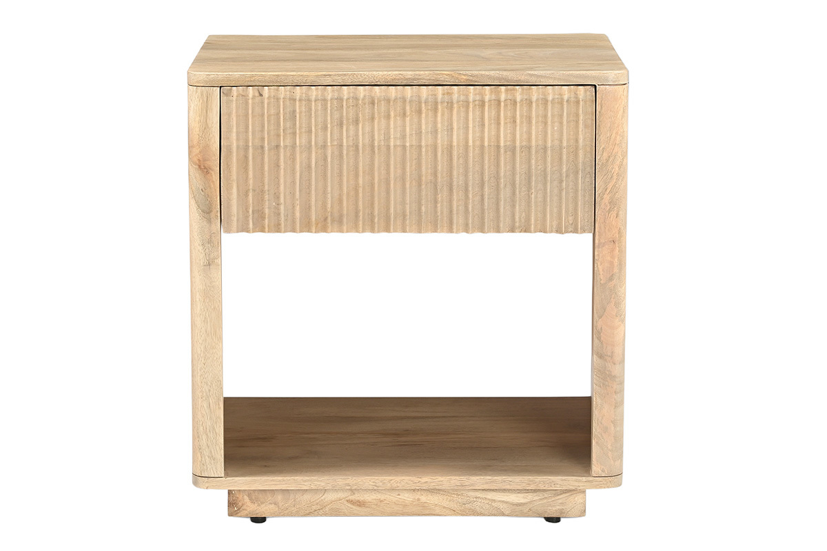 Nachttisch ALDA aus hellem Holz, Vorderansicht, mit Schublade und offenem Fach.