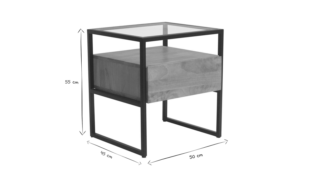 Nachttisch mit Schublade aus massivem Mangoholz, Glas und schwarzem Metall B50 cm DIYA