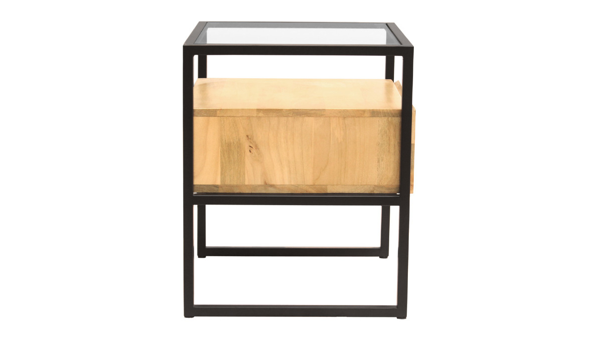 Nachttisch mit Schublade aus massivem Mangoholz, Glas und schwarzem Metall B50 cm DIYA