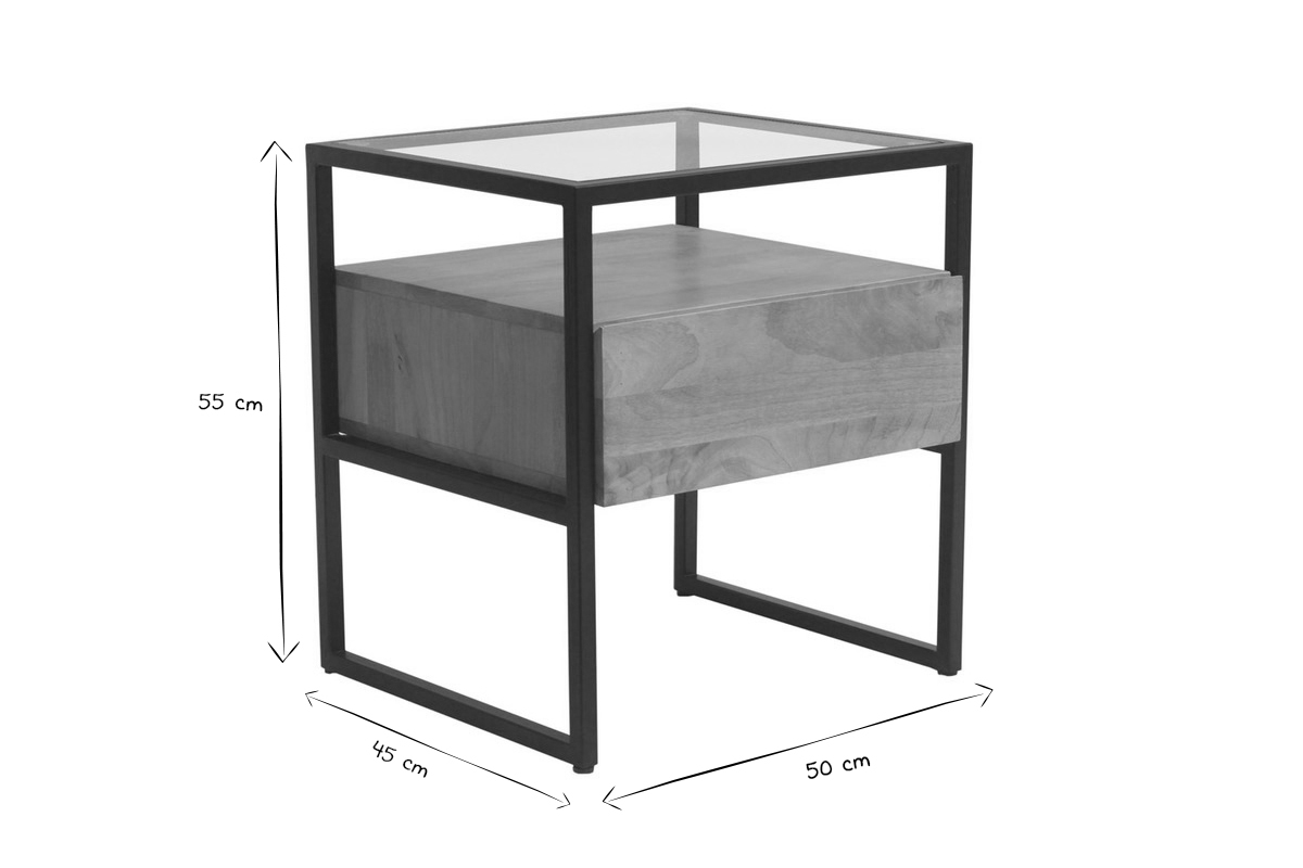 Nachttisch mit Schublade aus massivem Mangoholz, Glas und schwarzem Metall DIYA