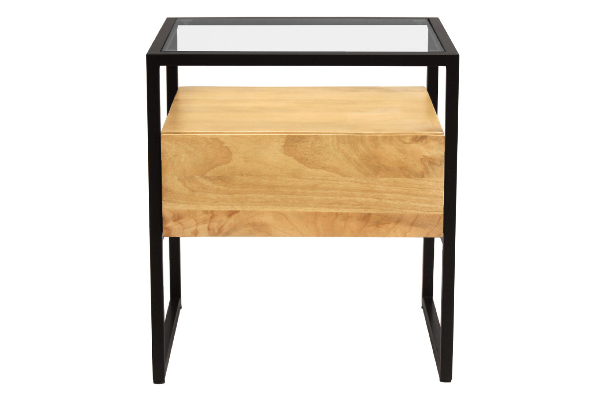 Nachttisch mit Schublade aus massivem Mangoholz, Glas und schwarzem Metall DIYA