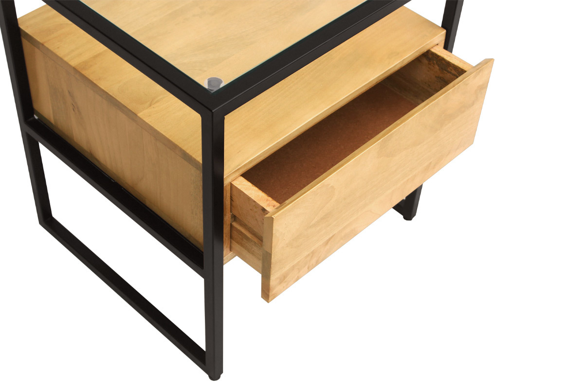 Nachttisch mit Schublade aus massivem Mangoholz, Glas und schwarzem Metall DIYA