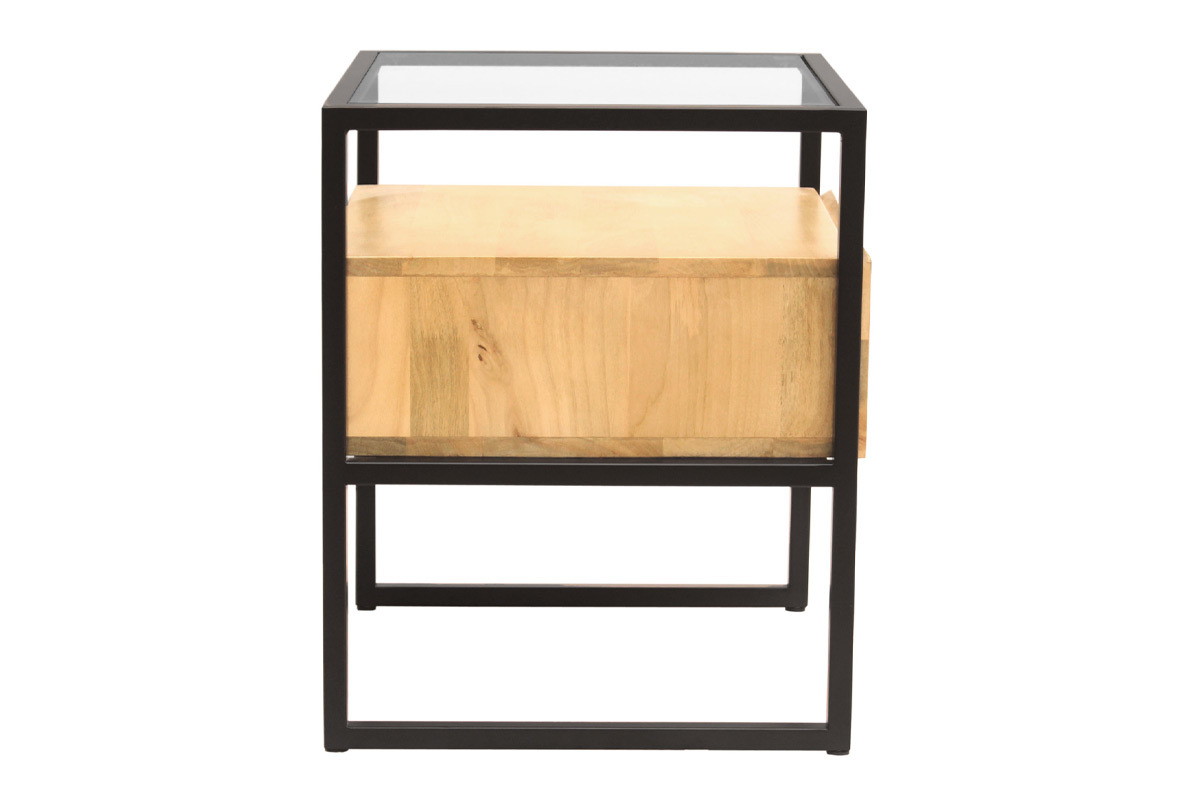 Nachttisch mit Schublade aus massivem Mangoholz, Glas und schwarzem Metall DIYA