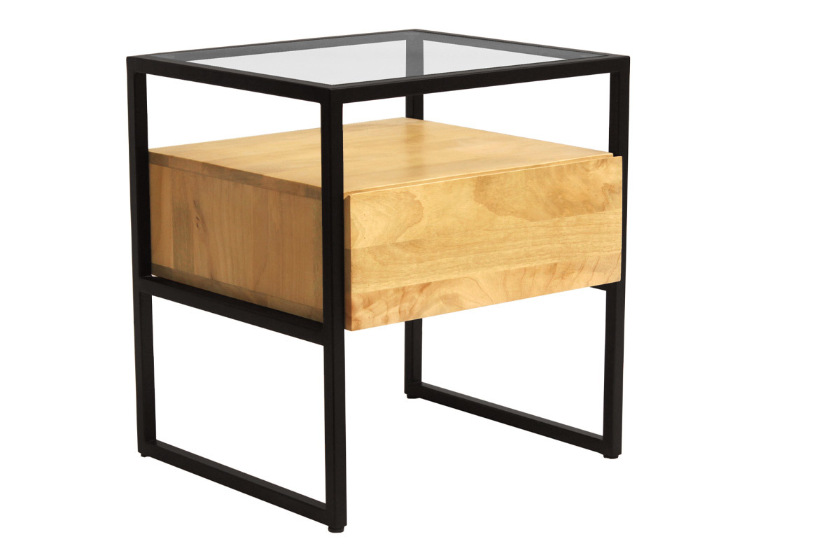 Nachttisch mit Schublade aus massivem Mangoholz, Glas und schwarzem Metall DIYA