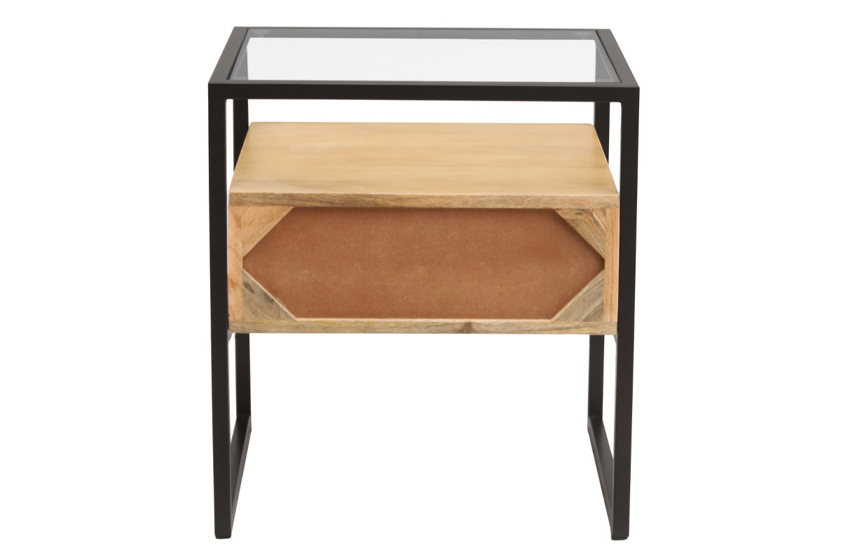 Nachttisch mit Schublade aus massivem Mangoholz, Glas und schwarzem Metall DIYA