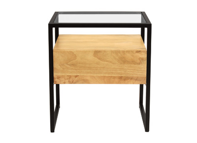 Nachttisch mit Schublade aus massivem Mangoholz, Glas und schwarzem Metall DIYA