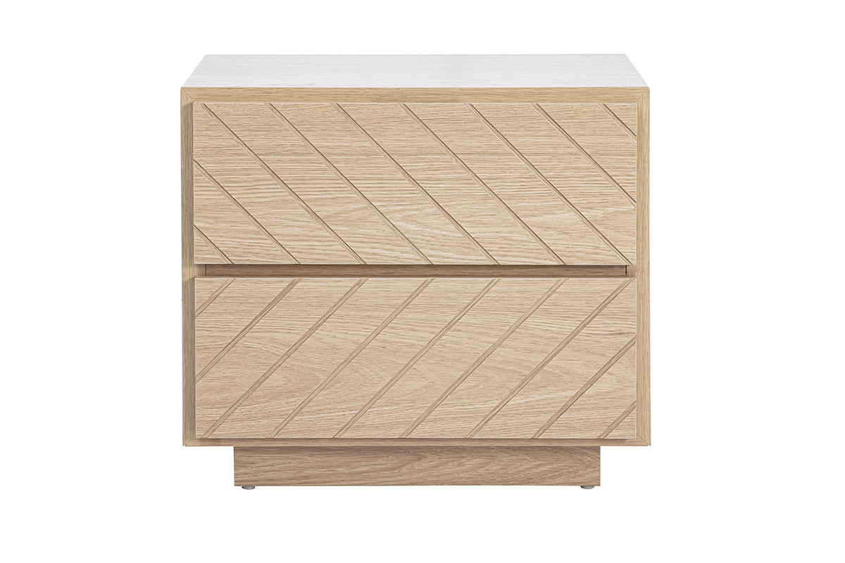 Nachttisch aus Eichenholz mit zwei Schubladen, Frontansicht.