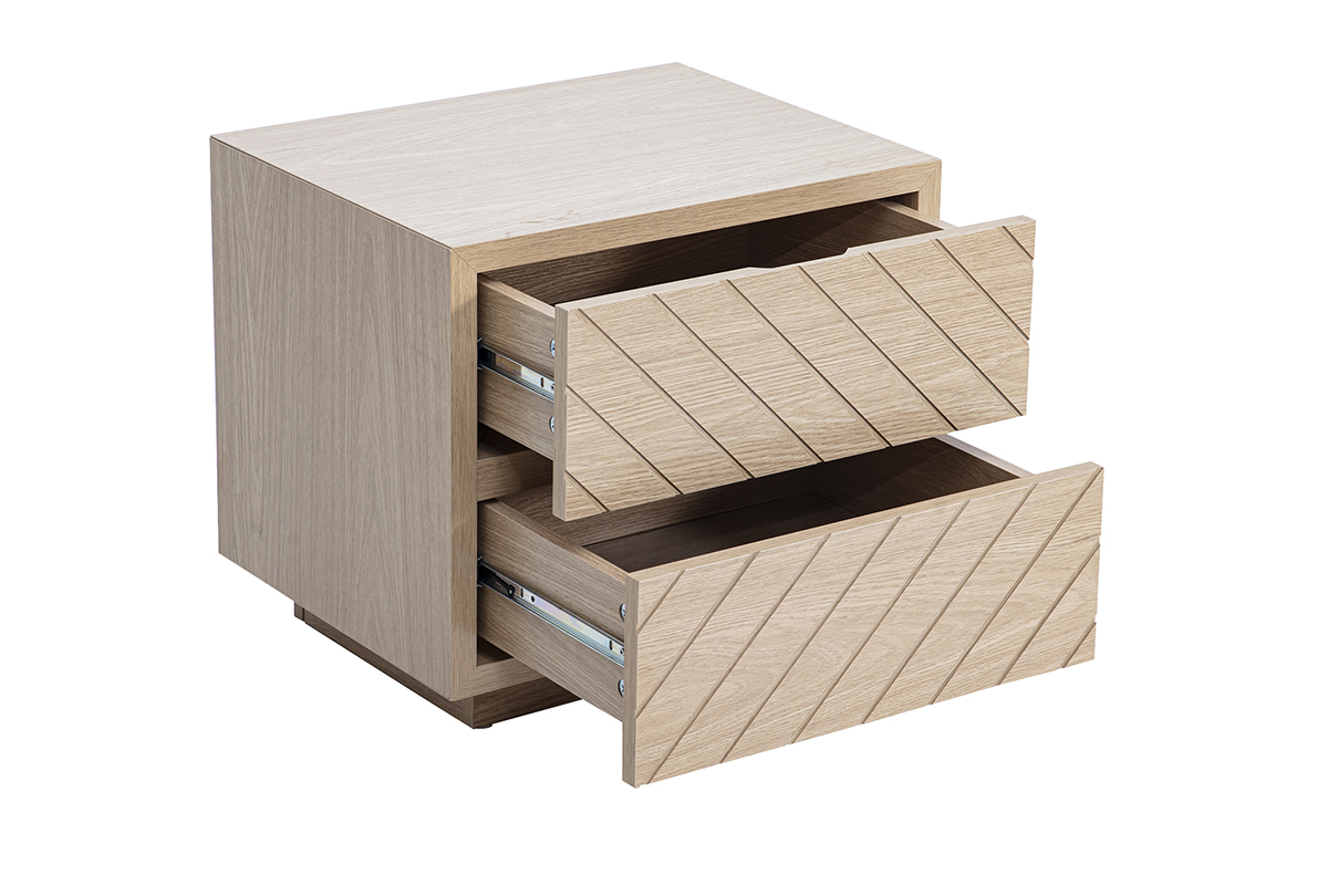 Nachttisch aus Eichenholz mit zwei offenen Schubladen, Dreiviertelansicht.
