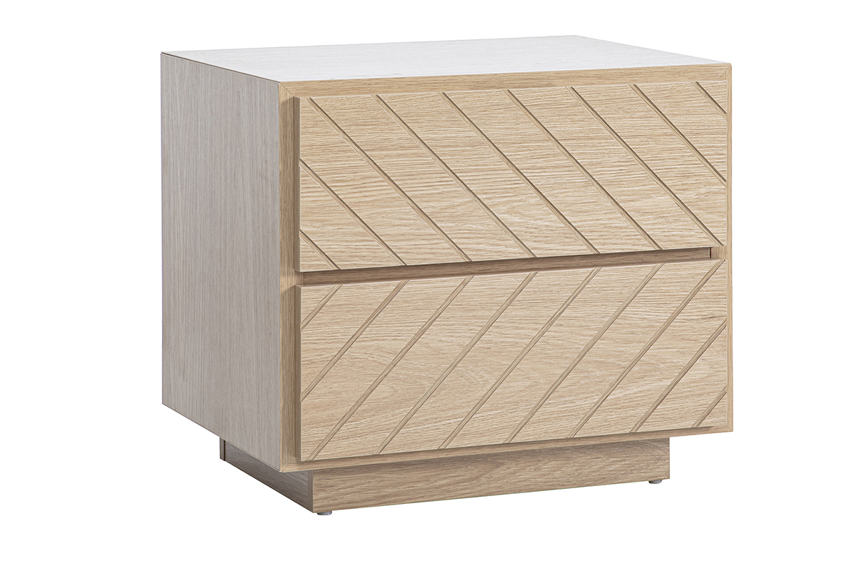 Nachttisch aus Eichenholz mit 2 Schubladen, Dreiviertelansicht.