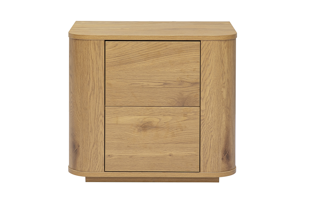Nachttisch NEGAN aus hellem Holz mit 2 Schubladen, Frontansicht.