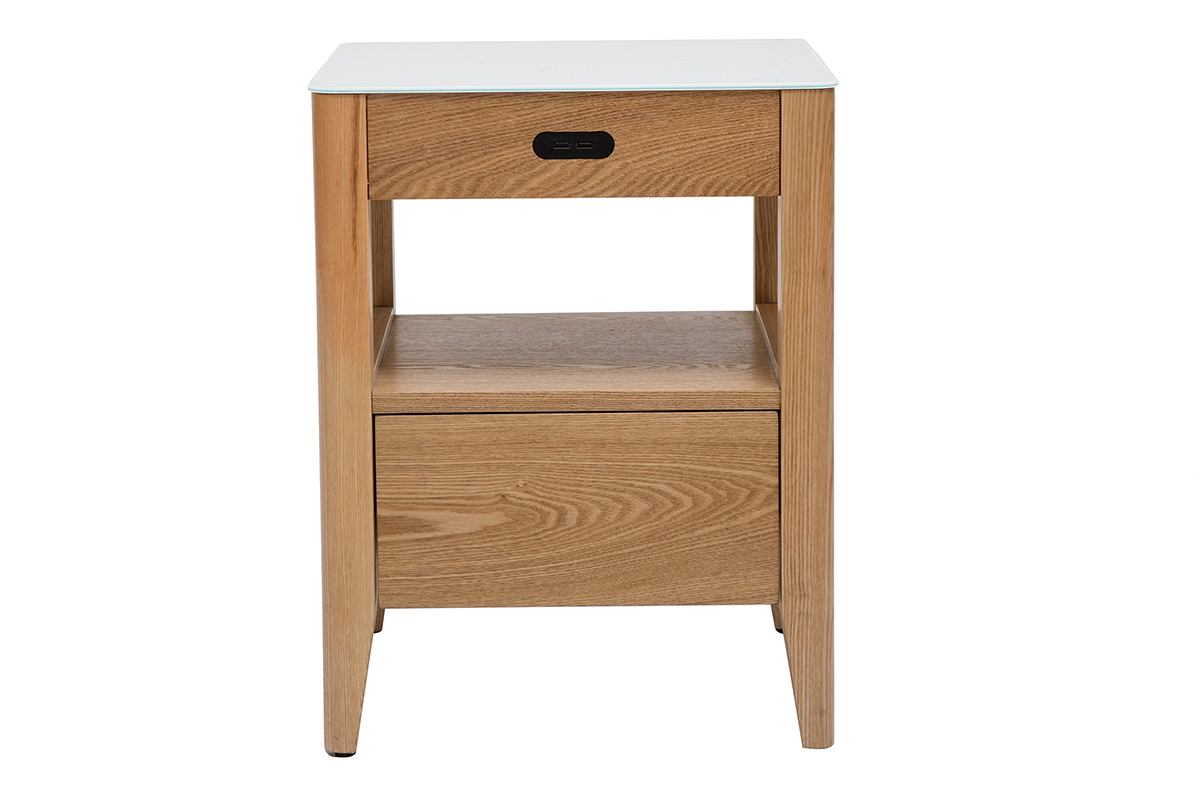 Nachttisch Multimedia weies Glas und helles Holz TEMPO