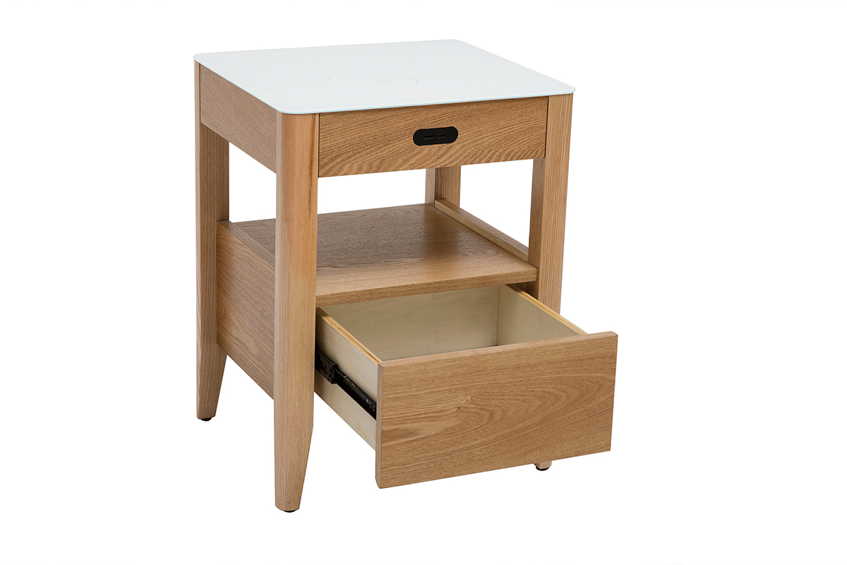 Nachttisch Multimedia weies Glas und helles Holz TEMPO