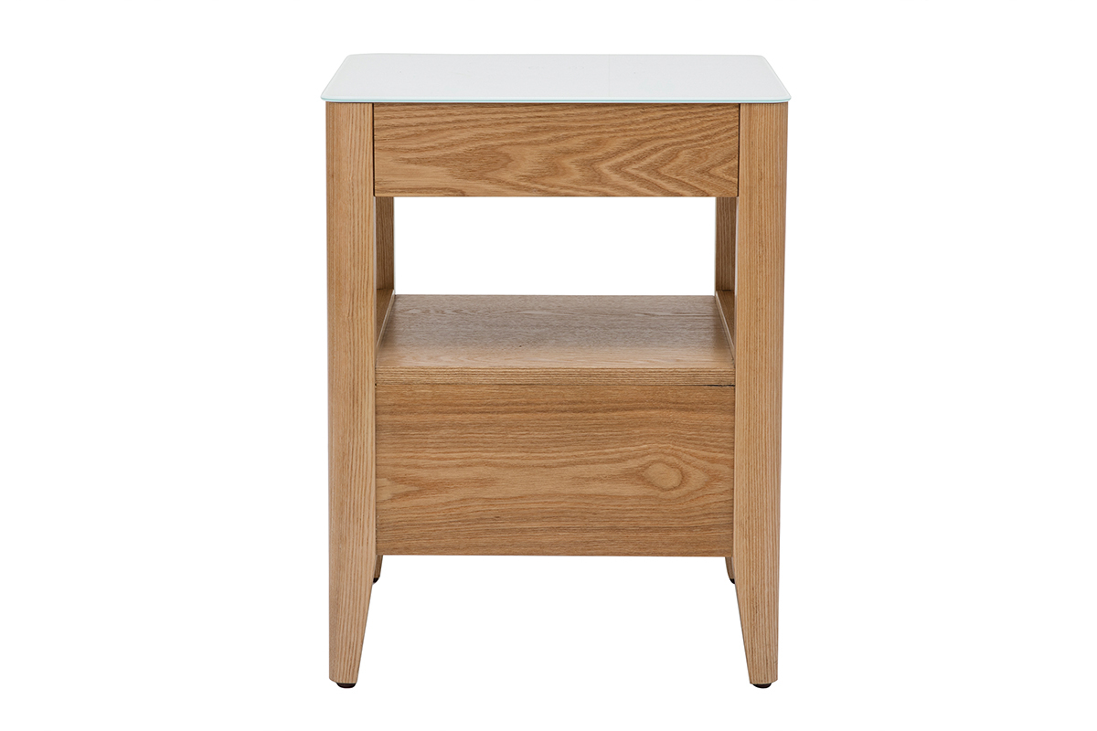 Nachttisch Multimedia weies Glas und helles Holz TEMPO
