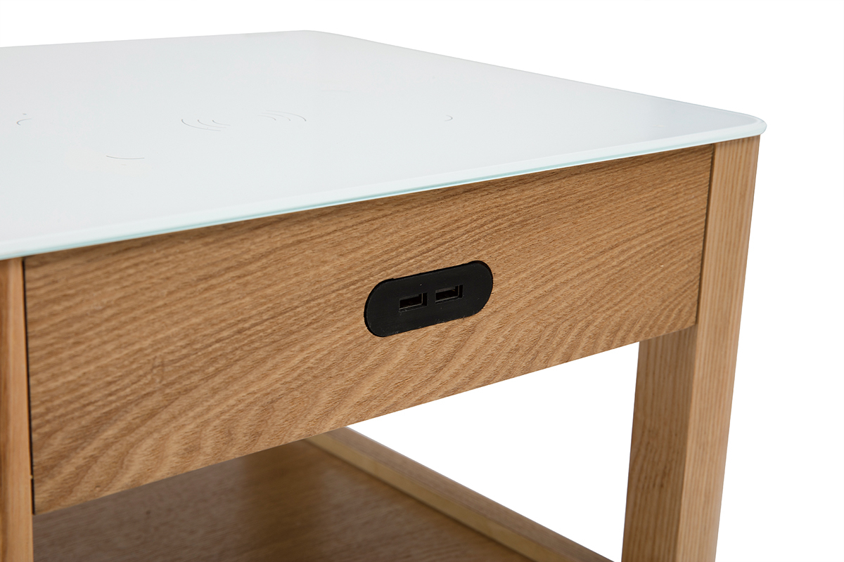 Nachttisch Multimedia weies Glas und helles Holz TEMPO