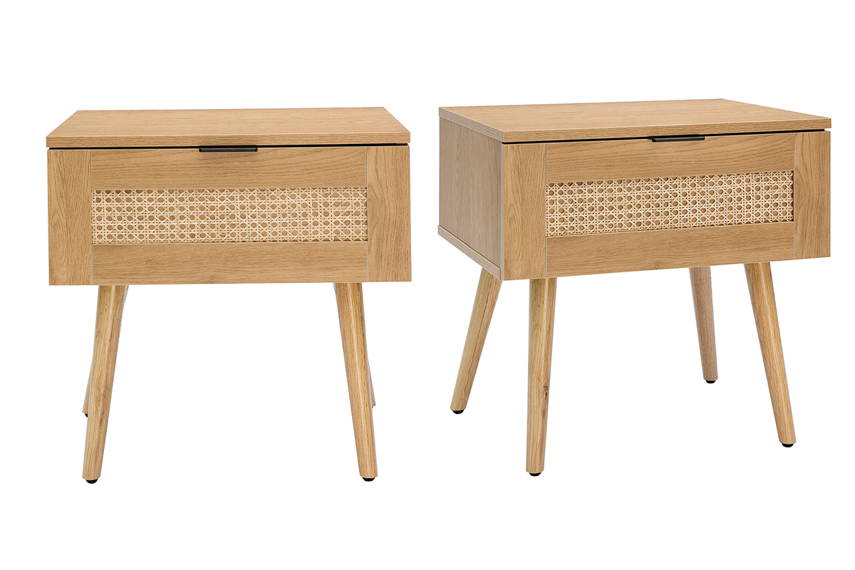 Nachttische mit hellem Holzfinish, Rattangeflecht und schwarzem Metall (2er-Set) MANILLE