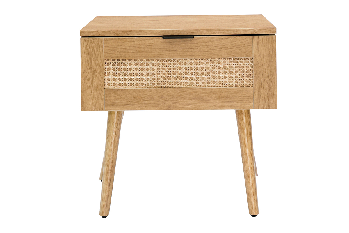 Nachttische mit hellem Holzfinish, Rattangeflecht und schwarzem Metall (2er-Set) MANILLE