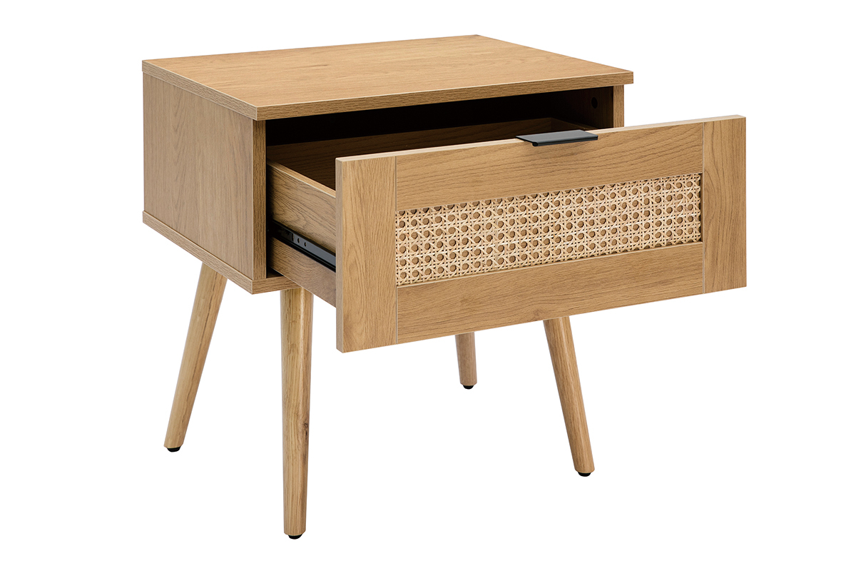 Nachttische mit hellem Holzfinish, Rattangeflecht und schwarzem Metall (2er-Set) MANILLE