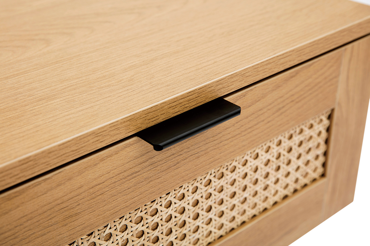 Nachttische mit hellem Holzfinish, Rattangeflecht und schwarzem Metall (2er-Set) MANILLE