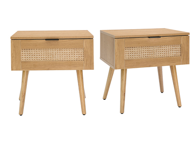 Nachttische mit hellem Holzfinish, Rattangeflecht und schwarzem Metall (2er-Set) MANILLE