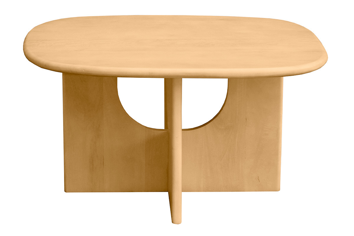 Quadratischer Couchtisch aus hellem massivem Mangoholz, Frontansicht mit abgerundeten Kanten.