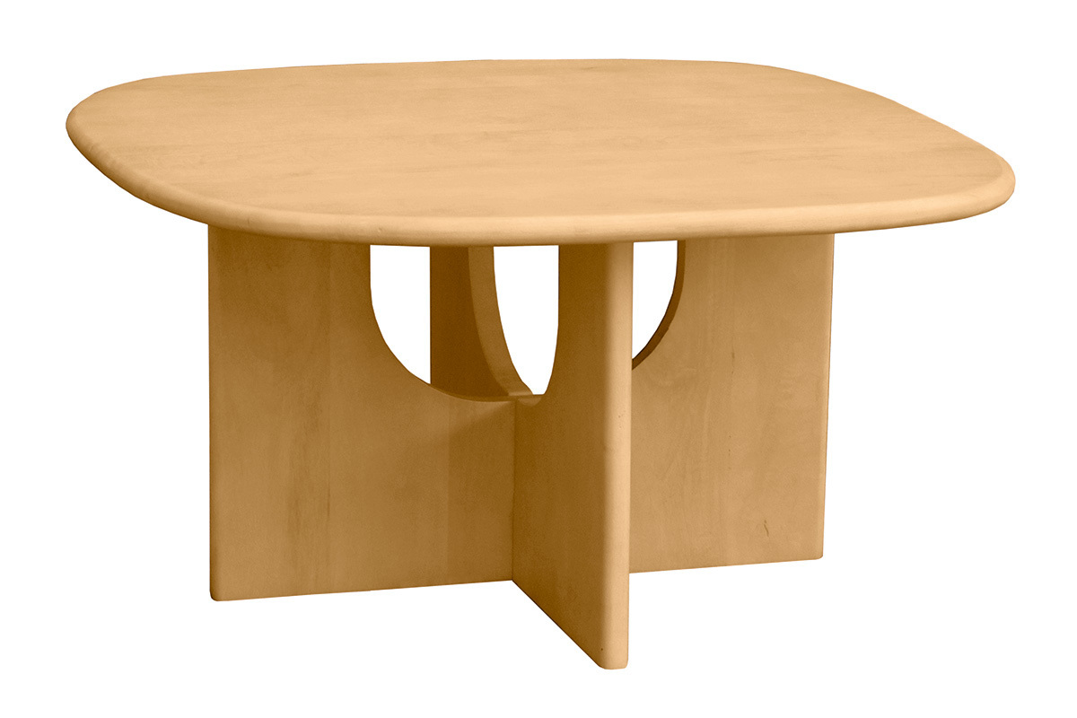 Quadratischer Couchtisch aus massivem Mangoholz, klares Design mit abgerundeten Kanten, 3/4-Ansicht.