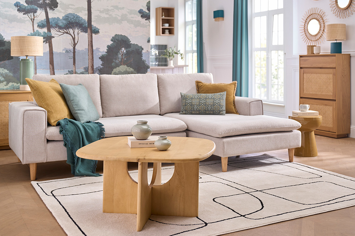 Niedriger Design-Couchtisch aus hellem Mangoholz, massiv, L80 cm MASSARI