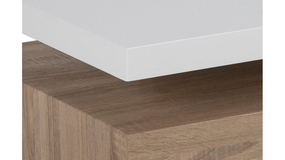 Niedriger Design-Tisch glänzend-weiß lackiert mit Holz SONOMA