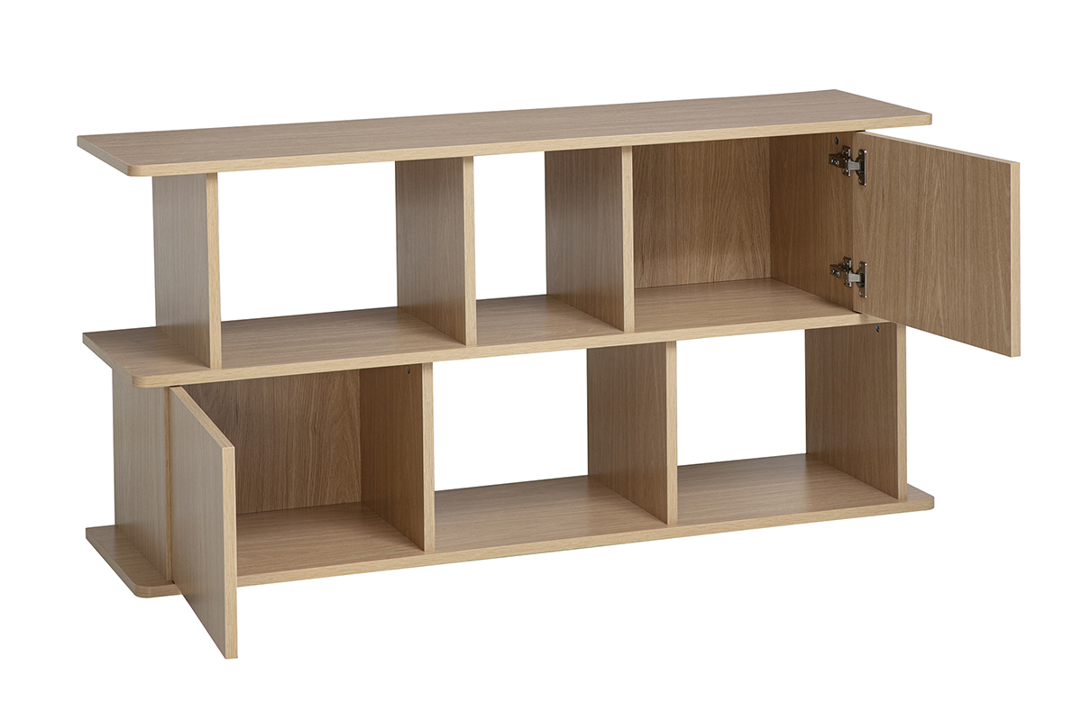 Niedriges B�cherregal aus hellem Eichenholz mit Stauraum, 3/4-Ansicht, geschlossene und offene T�ren.