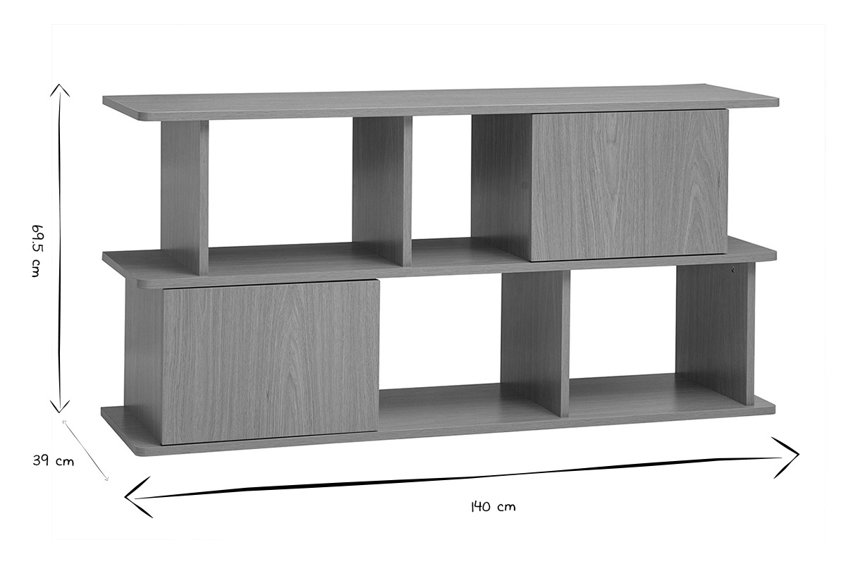 Abmessungen des niedrigen Regals JANICE in Schwarz und Wei�: B140 cm, H69,5 cm, T39 cm.