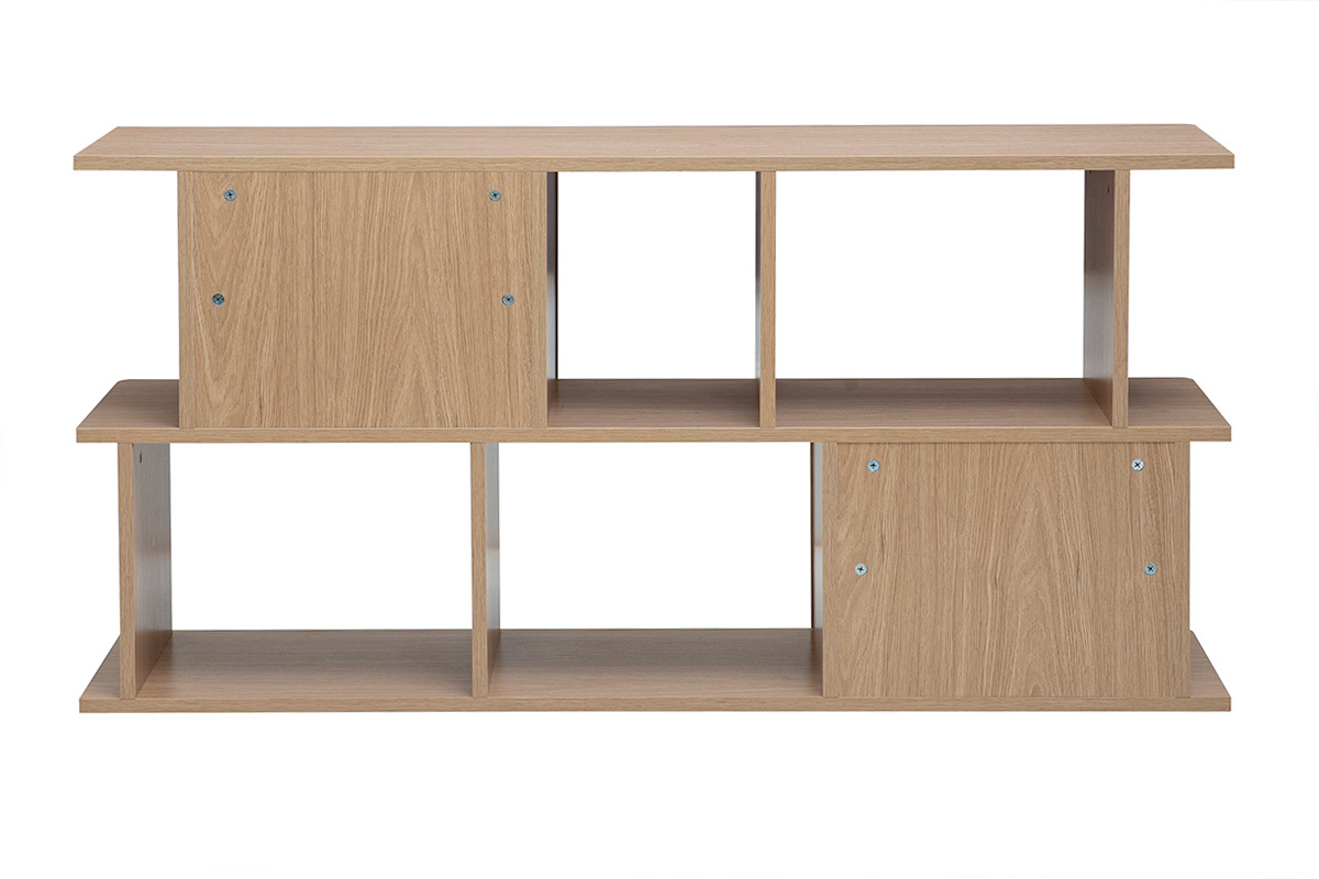 Niedriges B�cherregal aus hellem Eichenholz mit Stauraum, R�ckansicht, 140 cm breit.