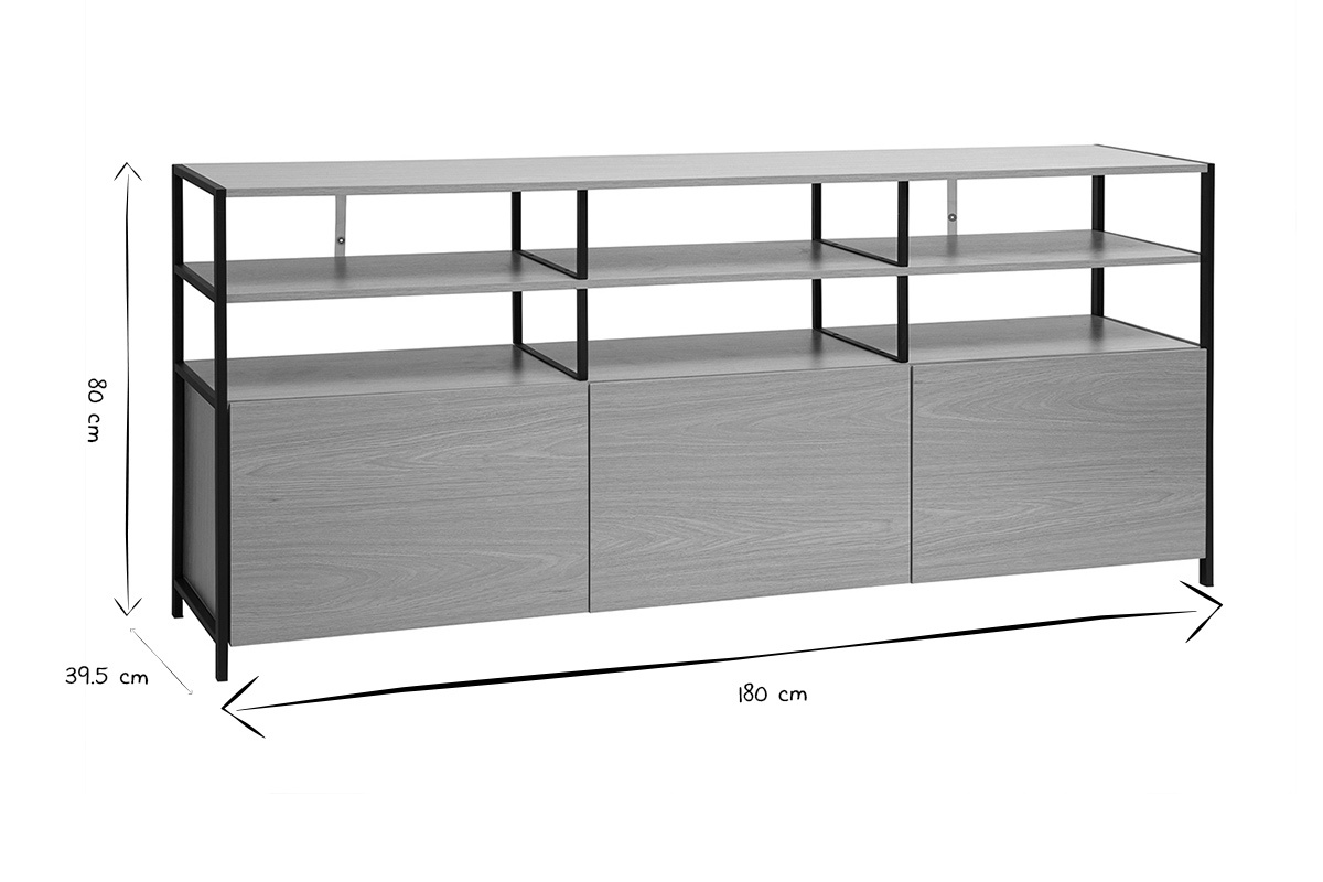 Frontansicht des Sideboards MAXENCE mit den Maen 180x39,5x80 cm in Schwarz und Wei.