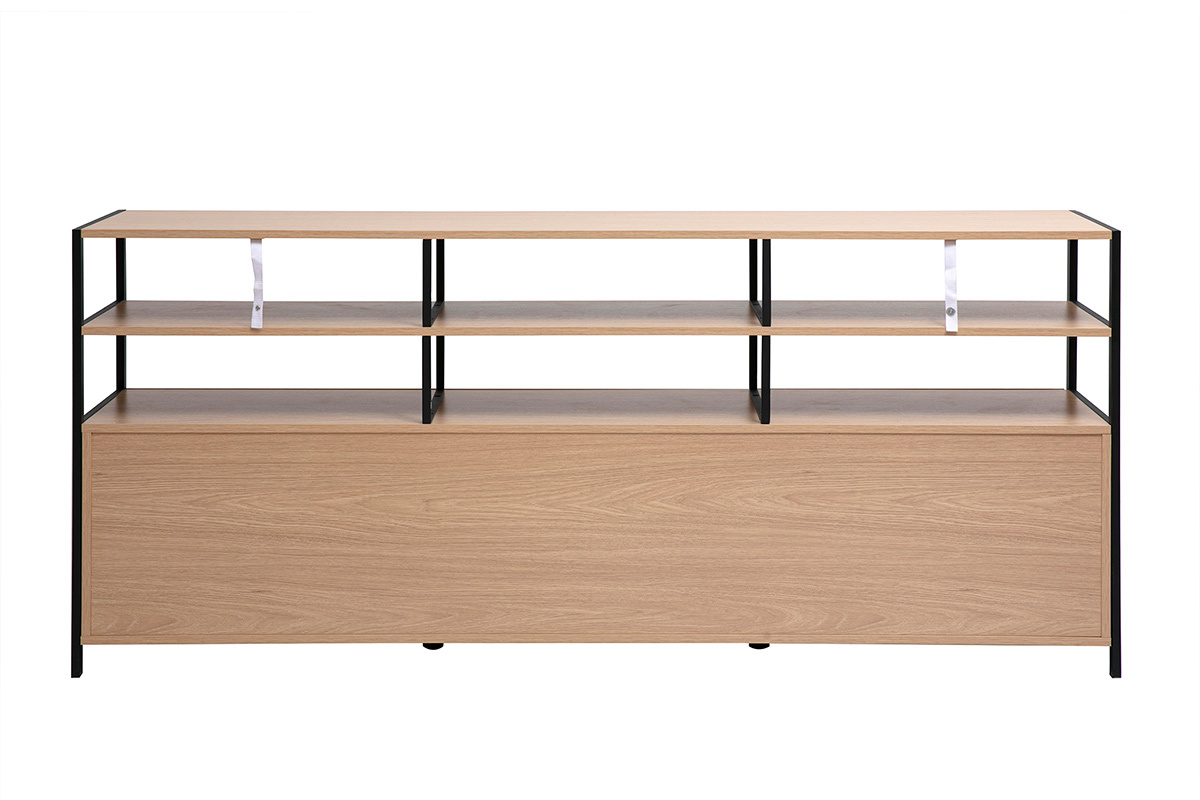 Niedriges Buffet MAXENCE aus hellem Holz und schwarzem Metall, Frontansicht mit offenen Regalen.