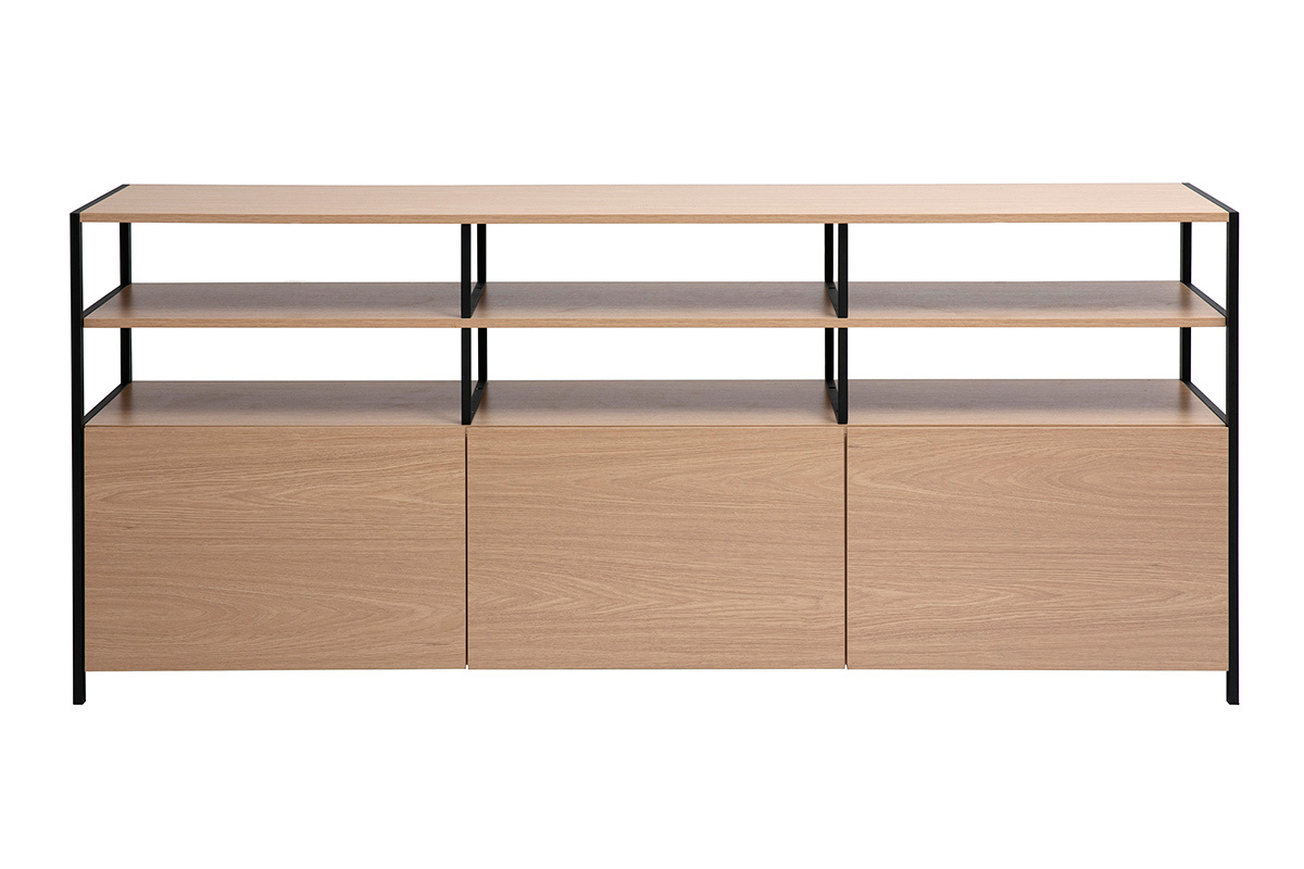Niedriges Buffet aus hellem Holz und schwarzem Metall, drei geschlossene Fcher, zwei offene Regale, Frontansicht.