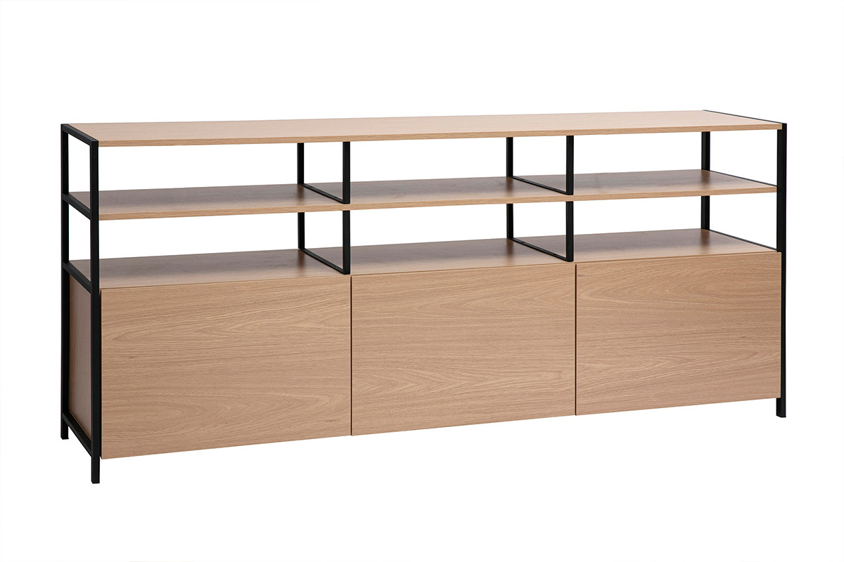 Niedriges Buffet aus hellem Holz und schwarzem Metall, Seitenansicht mit offenen Regalen und drei geschlossenen Fchern.