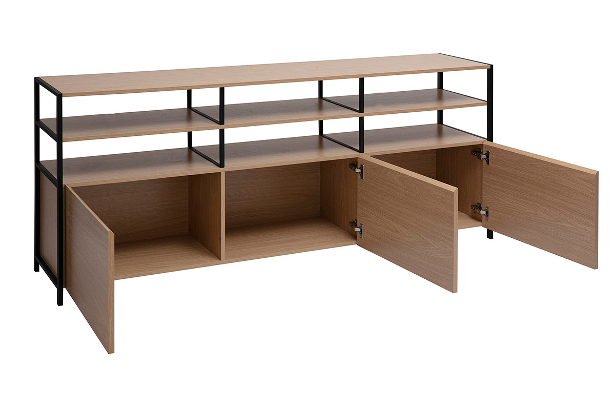 Niedriges Buffet aus hellem Eichenholz und schwarzem Metall, 3 offene Tren, offene Regale, Frontansicht.