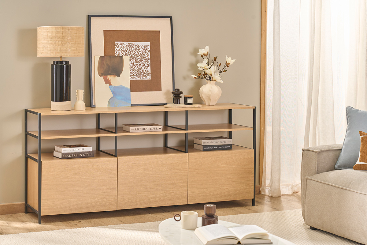 Niedriges Sideboard in heller Eichenholzoptik und schwarzem Metall L180 cm MAXENCE