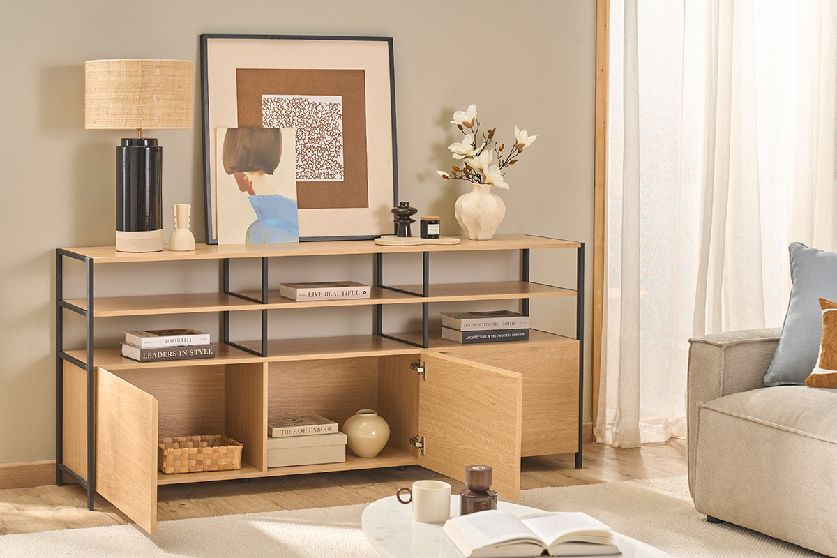 Niedriges Sideboard in heller Eichenholzoptik und schwarzem Metall L180 cm MAXENCE