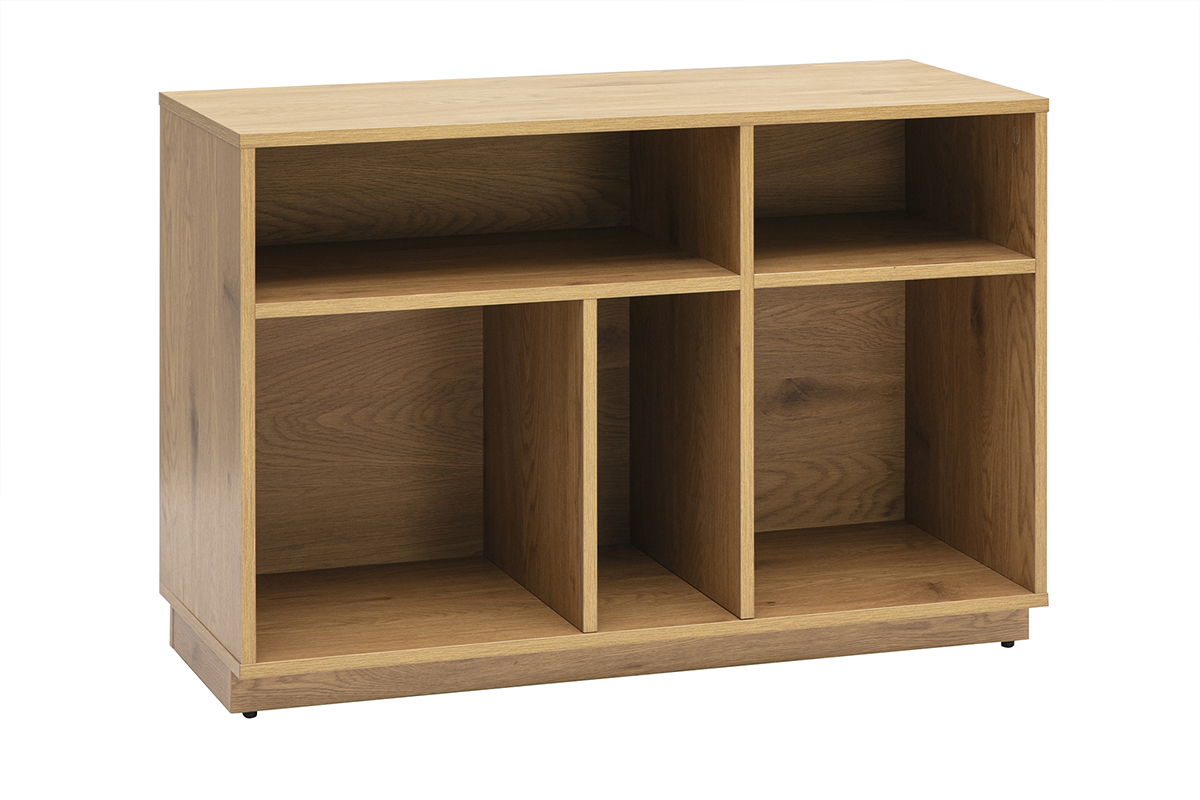 Buffet offen in hellem Eichenholz mit Stauraum, Ansicht von 3/4.