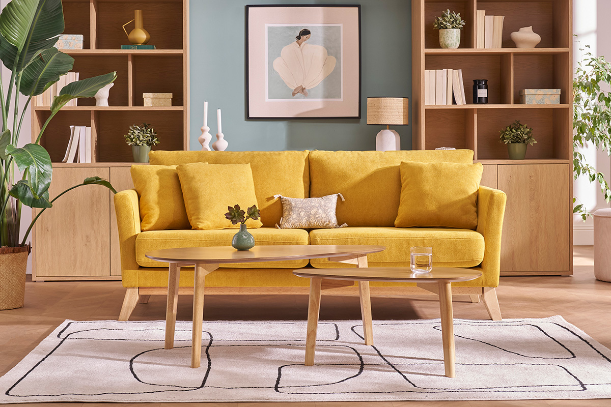 OSLO Skandinavisches 3-Sitzer-Sofa mit abnehmbarem Bezug in Senfsamteffekt OSLO
