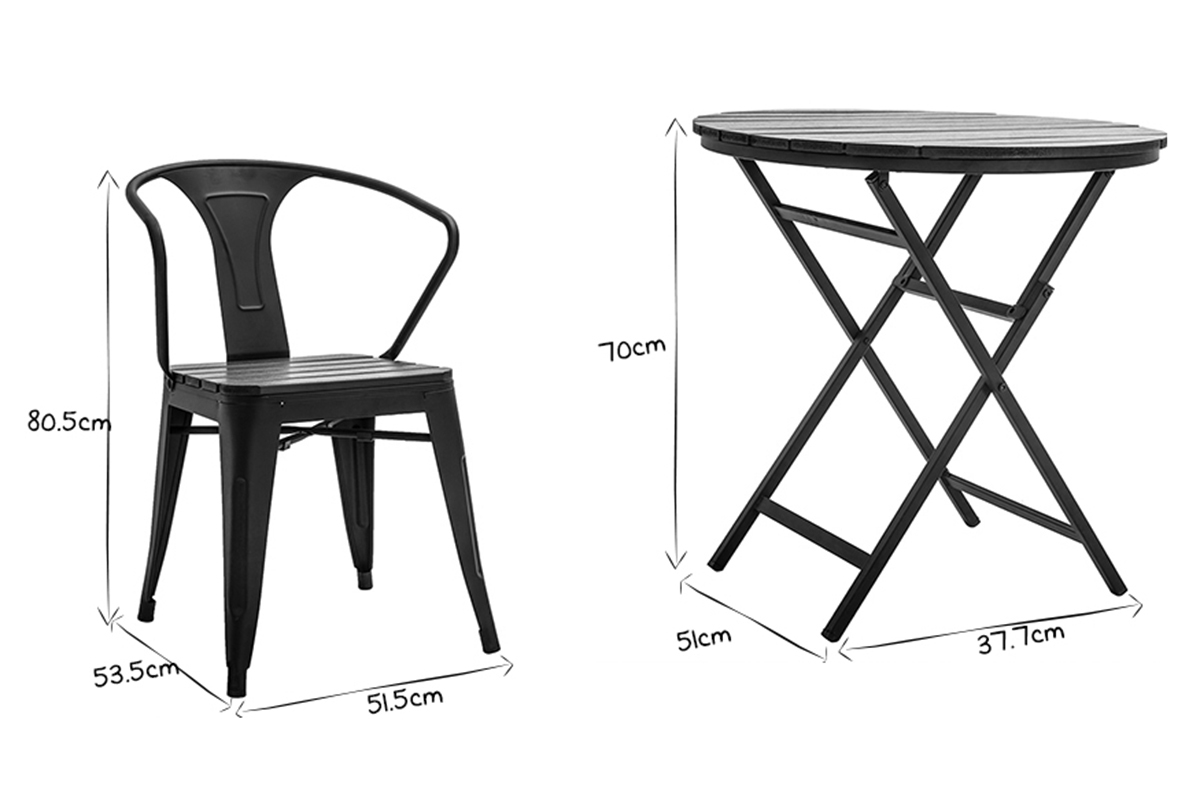 Outdoor-Esszimmer mit Klapptisch und Sthlen aus Holz und schwarzem Metall BERLINER