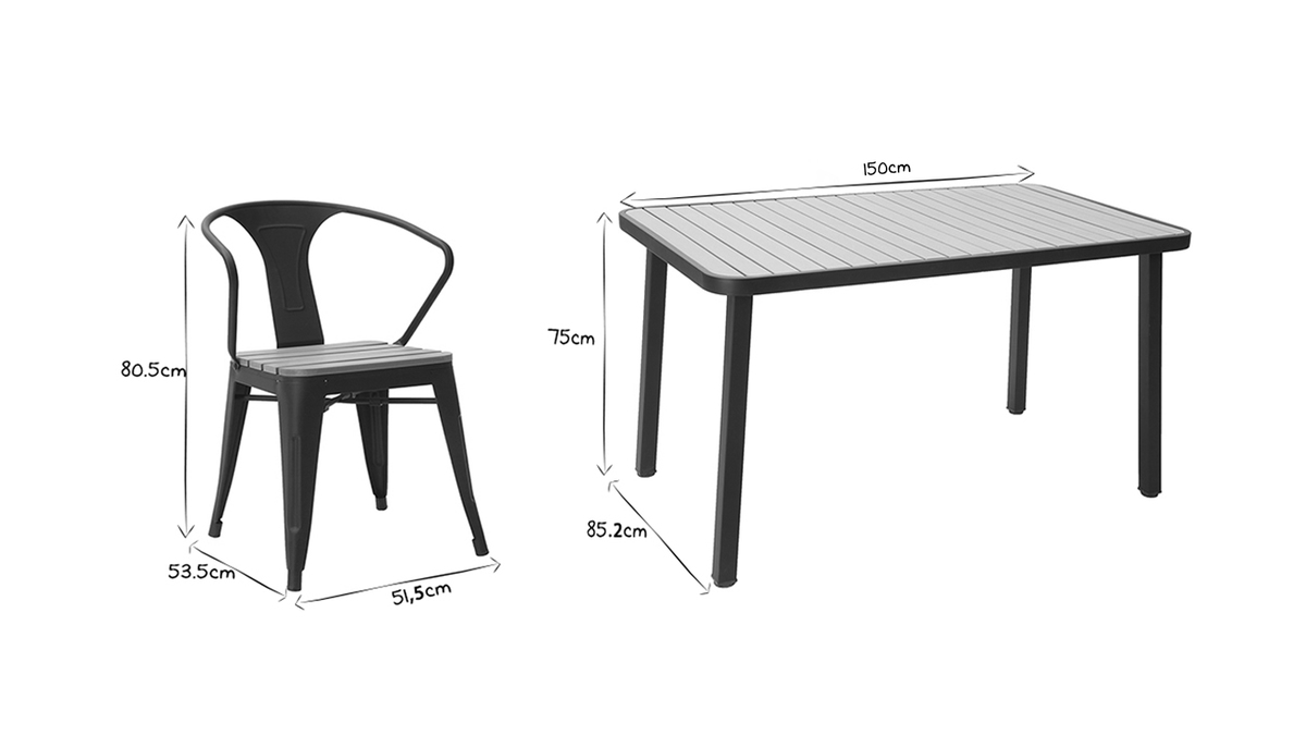Outdoor-Esszimmer mit Tisch und 4 Sthlen aus Holz und schwarzem Metall BERLINER