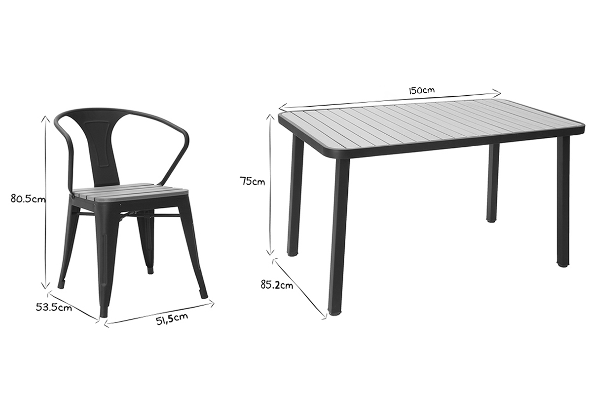 Outdoor-Esszimmer mit Tisch und 4 Sthlen aus Holz und schwarzem Metall BERLINER