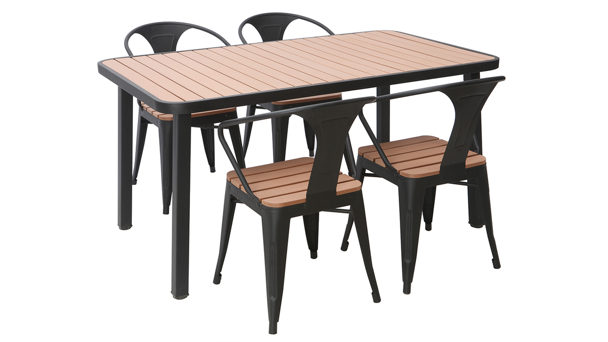 Outdoor-Esszimmer mit Tisch und 4 Sthlen aus Holz und schwarzem Metall BERLINER